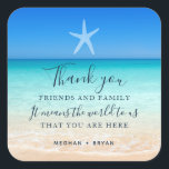 Beach Starfish Thank You Wedding Favour  Square Sticker<br><div class="desc">These starfish beach wedding thank you stickers are the perfect way to express your gratitude to your guests. They feature a charming starfish design with a message of gratitude for them attending your beautiful beach wedding. Simply peel and stick them onto your wedding favours, thank you cards, or any other...</div>