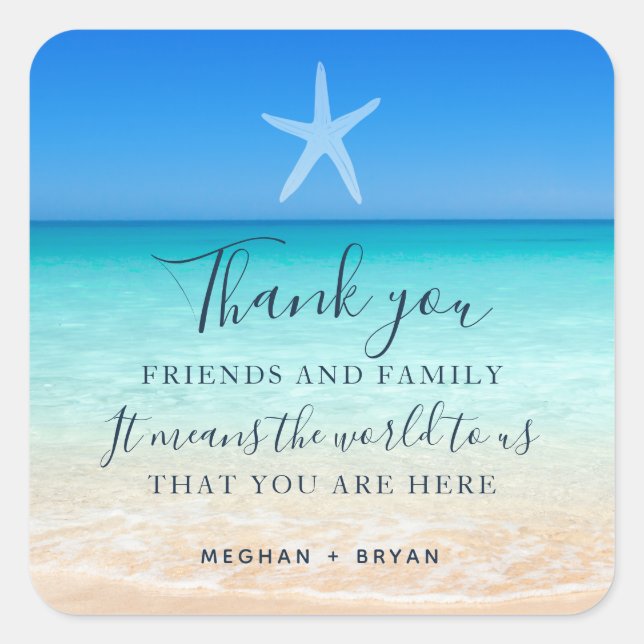 Beach Starfish Thank You Wedding Favour  Square Sticker (Front)