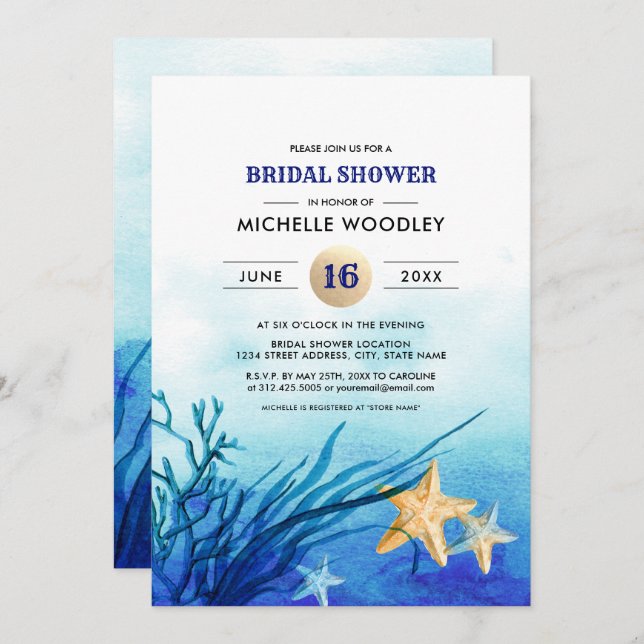Beach | Starfish Watercolor Bridal Shower Invitation (Front/Back)