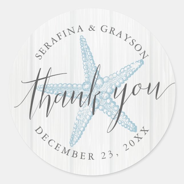 Beach Starfish Wedding Favour Thank You Rustic  Classic Round Sticker (Front)