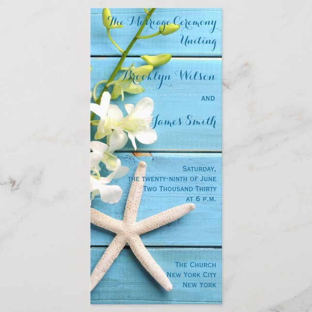Beach Starfish Wedding Programs with Orchid Floral (Front)
