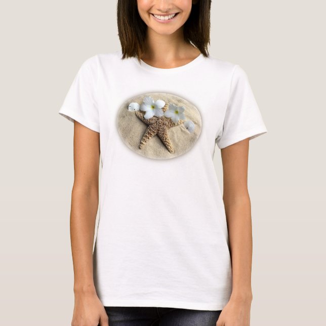 Beach Still Life - Starfish, Sand Dollar, Plumeria T-Shirt (Front)