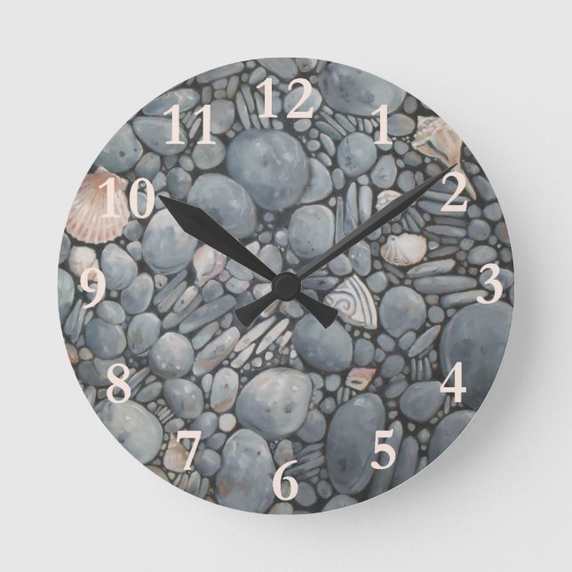 Beach Stones Shells Pebbles Rocks Painting Art Round Clock (Front)