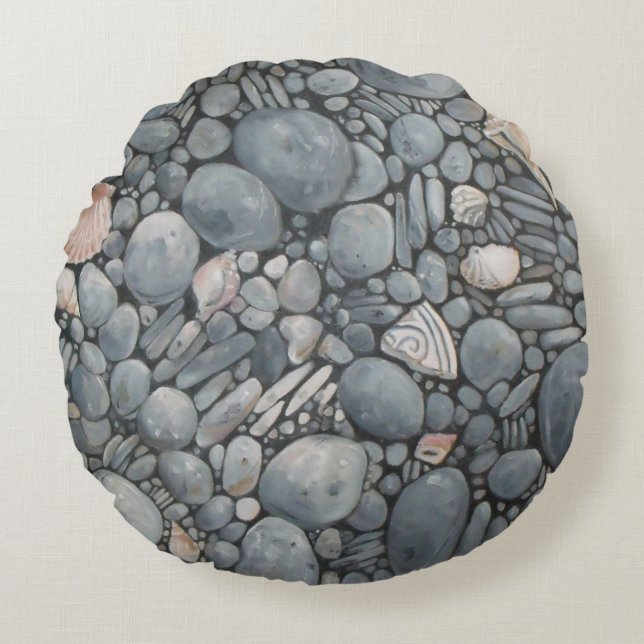 Beach Stones Shells Pebbles Rocks Painting Art Round Cushion (Front)