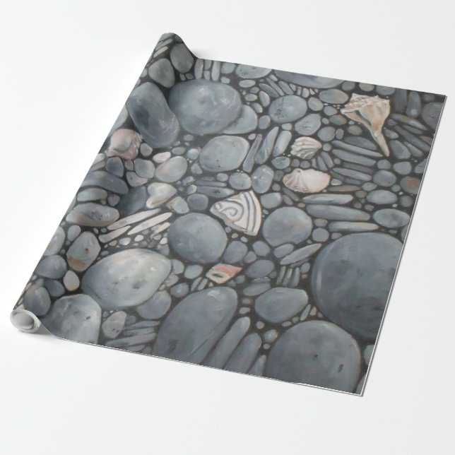 Beach Stones Shells Pebbles Rocks Painting Art Wrapping Paper (Unrolled)