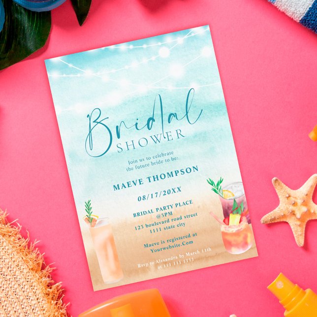 Beach string lights cocktails summer bridal shower invitation (Creator Uploaded)