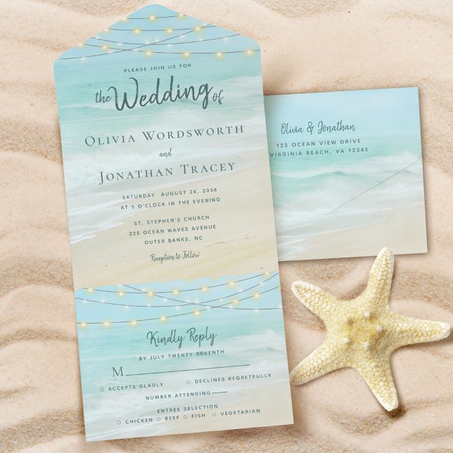 Beach String Lights Ocean Wedding All In One Invitation (Creator Uploaded)