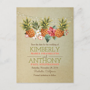 beach string lights pineapple save the date announcement postcard