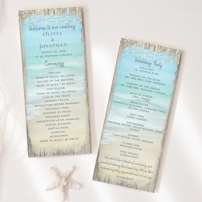 Beach String Lights Rustic Wood Wedding Program (Creator Uploaded)