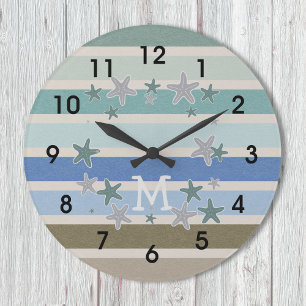 Beach Stripes and Starfish Large Clock