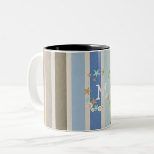 Beach Stripes and Starfish Monogram Two-Tone Coffee Mug