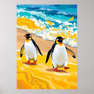 Beach Strolling Penguins – Vibrant Ocean Art Poster