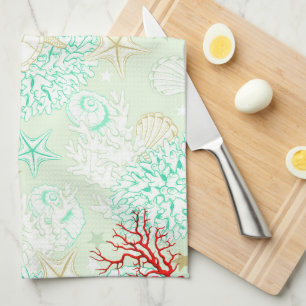 Beach style turquoise teal starfish seashell coral tea towel