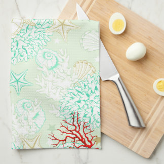 Beach style turquoise teal starfish seashell coral tea towel
