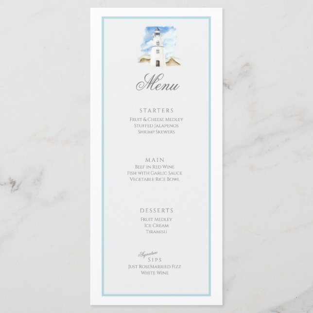 Beach Style Wedding Event Menu Flat Card (Front)