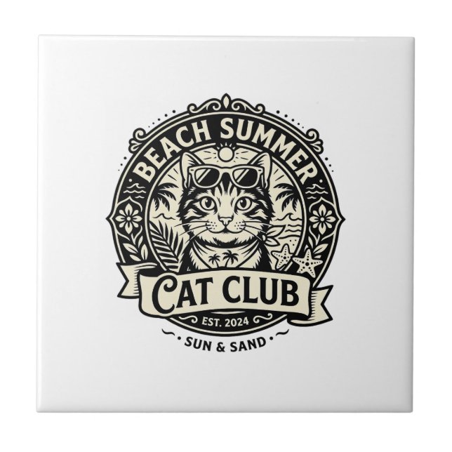Beach Summer Cat Funny Cat Graphic - Beach Summer  Ceramic Tile (Front)