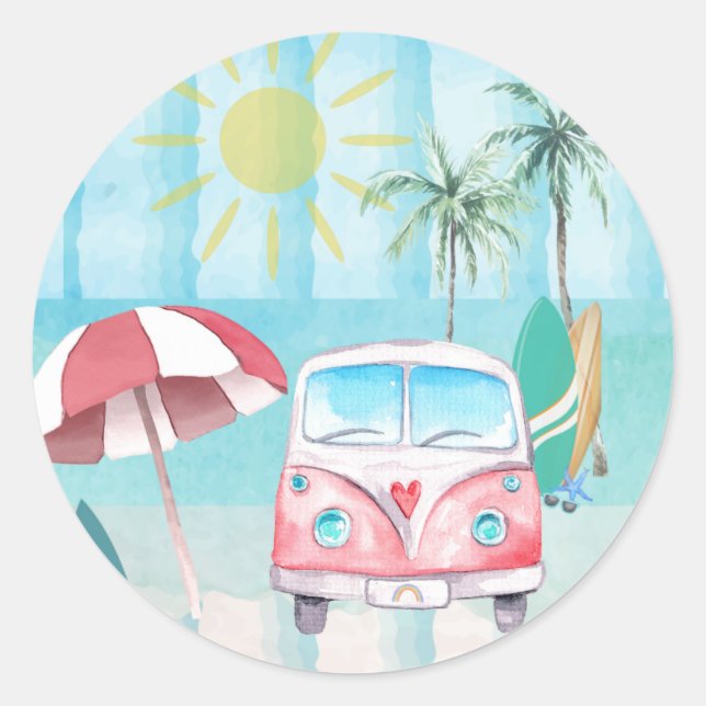 Beach Summer Party Palm Trees Ocean Classic Round Sticker (Front)