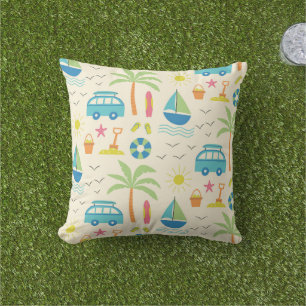 Beach Summer Pattern with Palm tree and boats Cushion