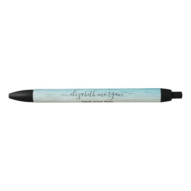 Beach Summer Personalised Blue Script Elegant Black Ink Pen (Front)