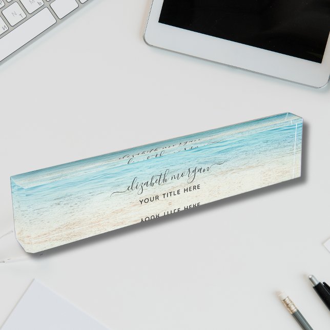 Beach Summer Personalised Blue Script Elegant Nameplate (Creator Uploaded)