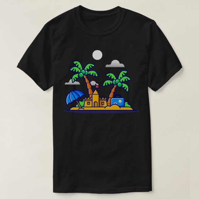 Beach Summer Sand Castle And Coconut Trees Cartoon T-Shirt (Design Front)