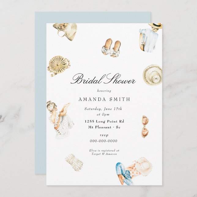Beach Summer Seashore Watercolor Bridal Shower Invitation (Front/Back)