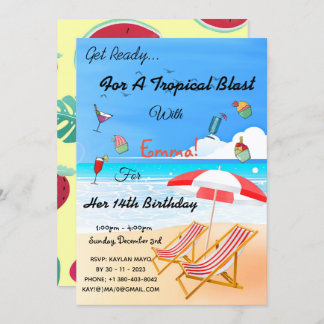 Beach Summer Tropical 14th Birthday Invitation