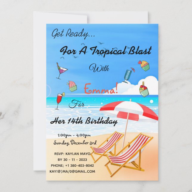Beach Summer Tropical 14th Birthday Invitation (Front)