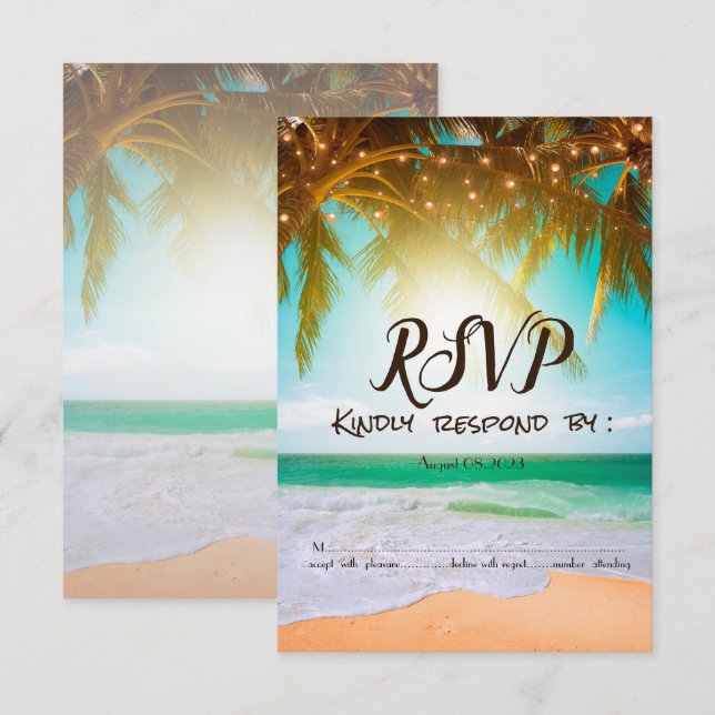 Beach,Sun,Palm,String Lights RSVP   Invitation (Front/Back)