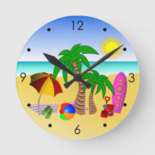 Beach Sun Sea and Surf Fun Blue Round Wall Clocks