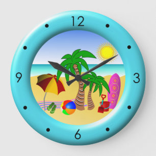 Beach Sun Sea and Surf Fun Large Blue Round Clocks