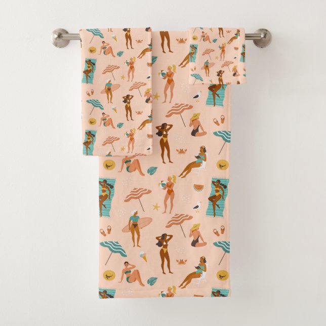 Beach Sunbathers Pattern Bath Towel Set (Insitu)