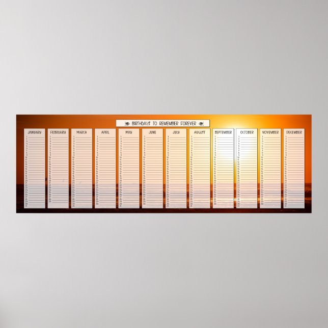 Beach Sunrise Classroom Size Birthday Calendar Poster (Front)