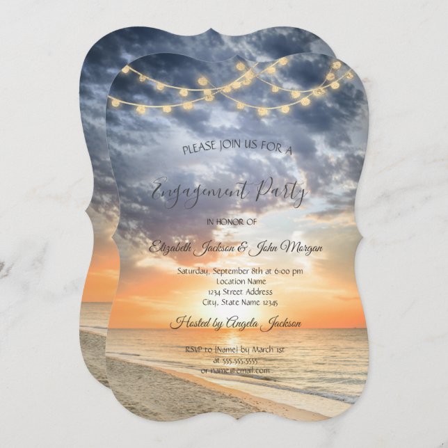 Beach Sunrise String Lights  Engagement  Invitation (Front/Back)