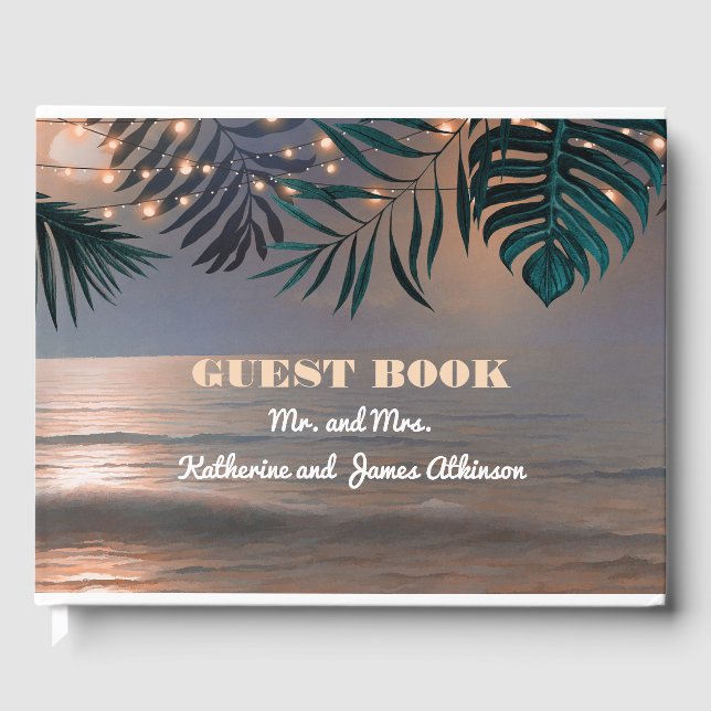 Beach Sunset and Palm Lights Destination Wedding Guest Book (Front)