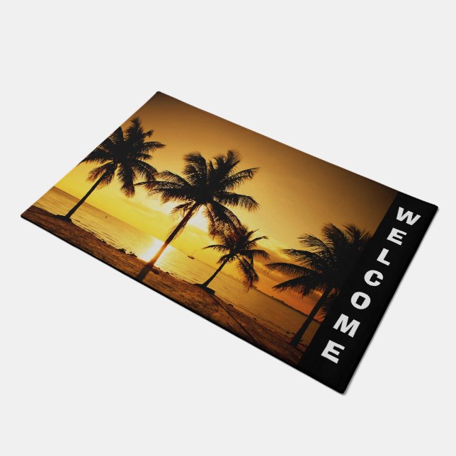 Beach Sunset and Palm Trees Door Mat (Angled)