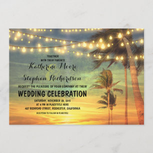 beach sunset and string lights wedding invitation