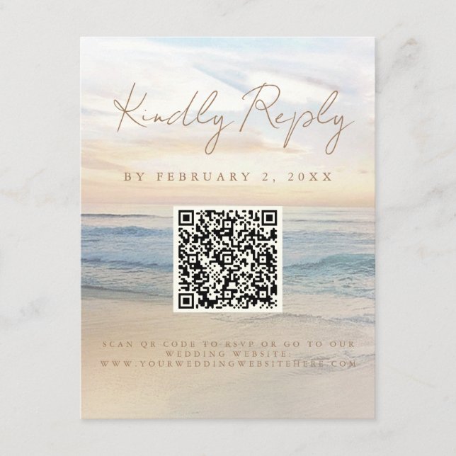 Beach Sunset Beachfront Wedding Scan Code RSVP Enclosure Card (Front)