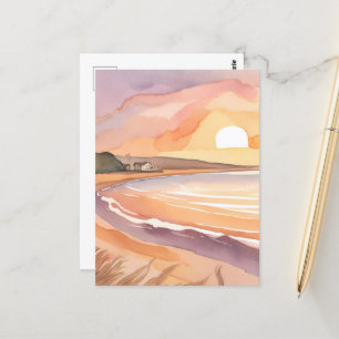 Beach Sunset Beautiful Watercolor Painting Postcard