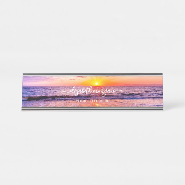 Beach Sunset Coastal Summer Ocean Waves Desk Name Plate (Front)