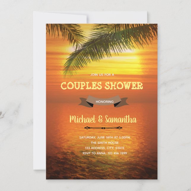 Beach sunset couples shower invitation (Front)