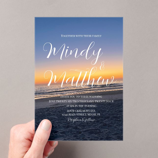 Beach Sunset Down Destination Blue Wedding Acrylic Invitations (Insitu (Handheld))
