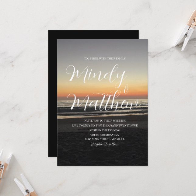 Beach Sunset Down Destination Wedding Invitation (Front/Back In Situ)