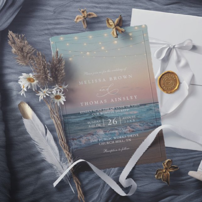 Beach Sunset Elegant Destination QR Code Wedding Invitation (Creator Uploaded)