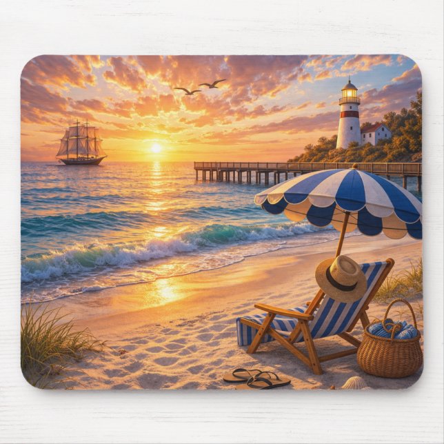 Beach Sunset Lighthouse Scene Mouse Pad (Front)