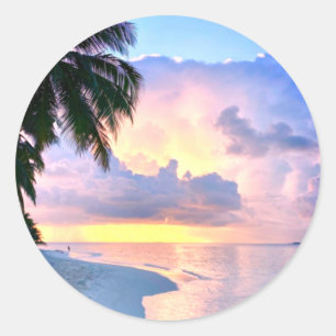 Beach Sunset ocean sand palm tree Maldives Miami Classic Round Sticker