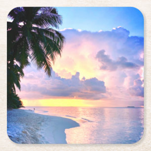 Beach Sunset ocean sand palm tree Maldives Miami Square Paper Coaster