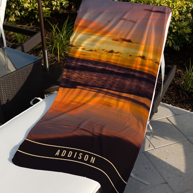 Beach Sunset Orange Yellow Tropical Monogram Beach Towel (Creator Uploaded)