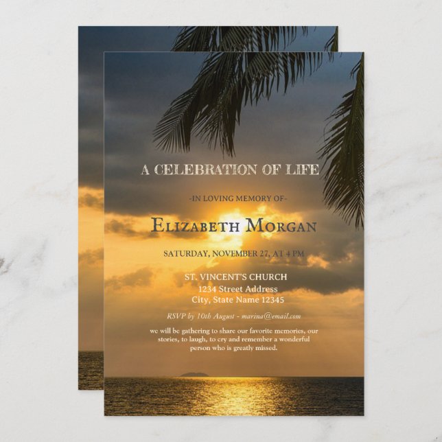 Beach Sunset Palm Celebration Of Life  Invitation (Front/Back)