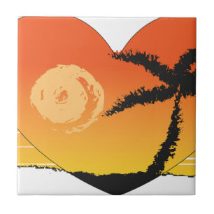 Beach sunset palm tree sun tropical orange art tile